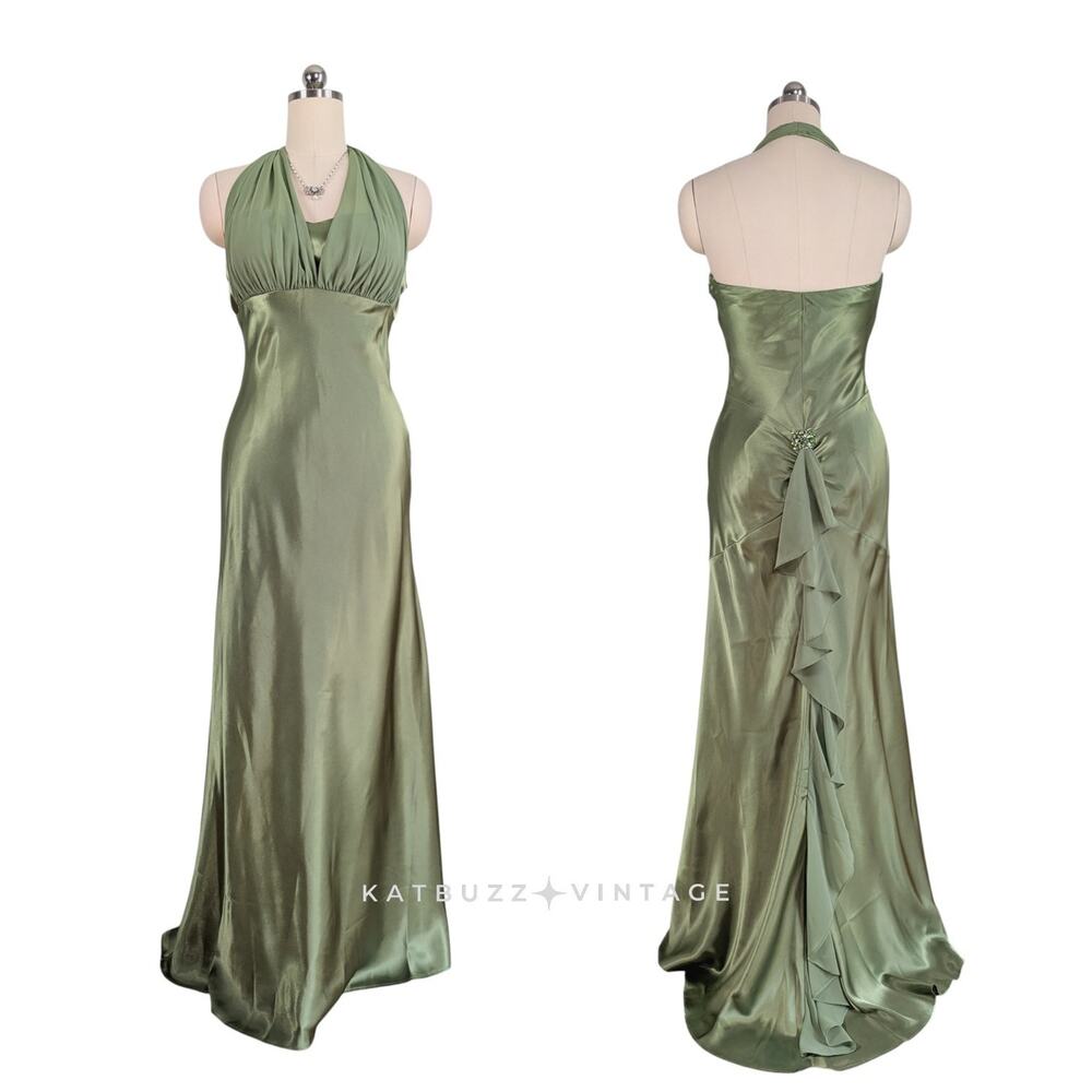 Vintage Betsy Adam Prom Dress Maxi Gown 10 Green Halter Fairy Glam Tinkerbelle